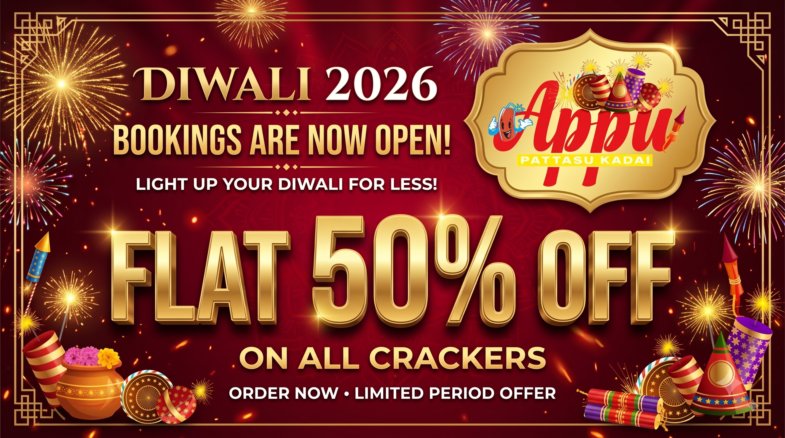 Diwali 2026 Bookings Open - Flat 50% Off Sivakasi Crackers